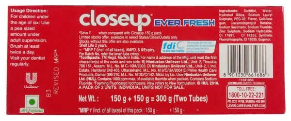 Closeup Red Hot Gel Toothpaste - Ever Fresh,Fresh Breath, 300g Combo Pack