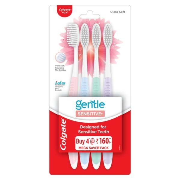 Colgate Gentle Sensitive Soft Bristles Manual Toothbrush For Adult Combo Pack Offer - 4Pcs, Multi Colour + Free Colgate Total Toothpaste (16 g)