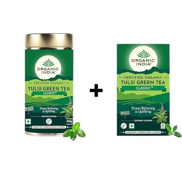 Organic India Classic Tulsi Green Tea, Loose Leaves, 100 gm + Organic India Tulsi Green Tea 25 infusion Bag (Combo Offer)